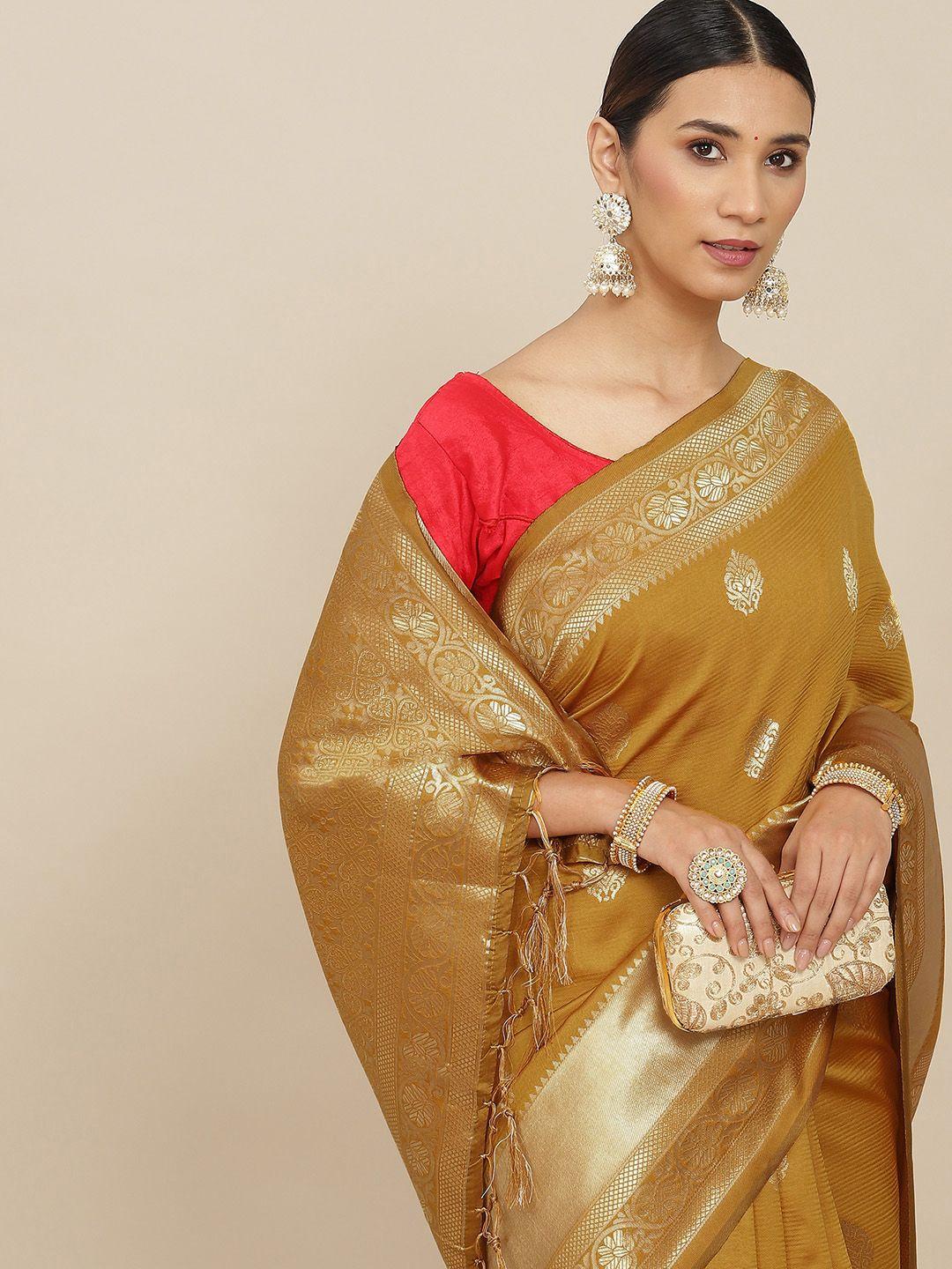 ishin khaki & golden ethnic motifs zari banarasi saree