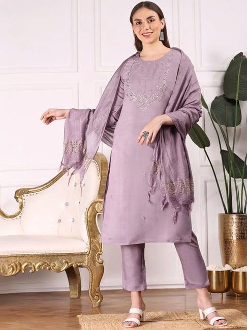 ishin lilac embroidered kurta & pants set with dupatta