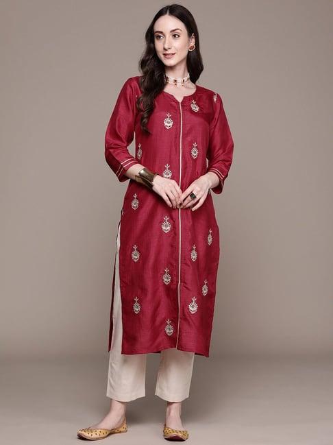 ishin magenta embellished silk straight kurta