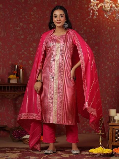 ishin magenta printed kurta with pant & dupatta