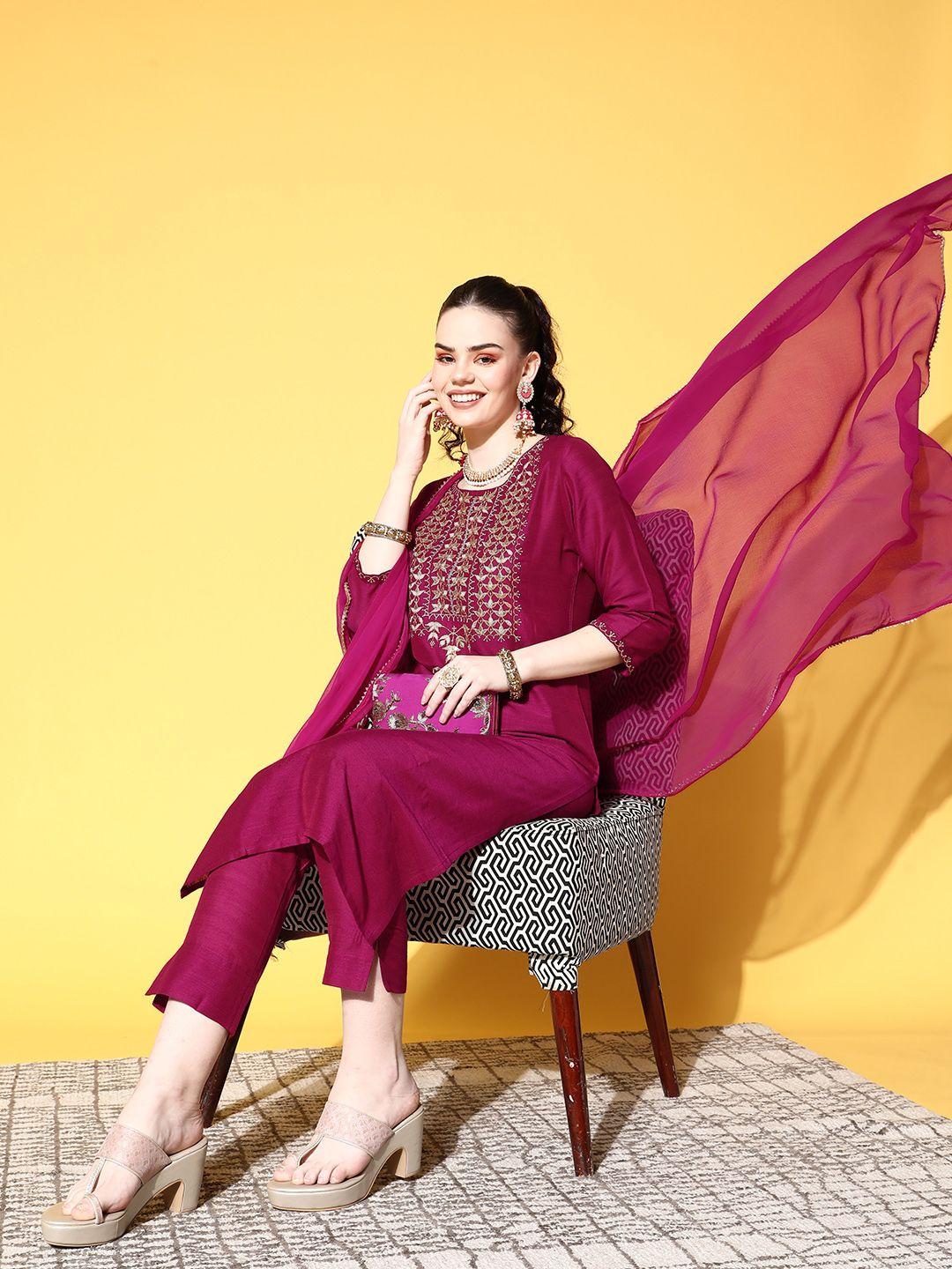 ishin magenta yoke design kurta with trousers & dupatta