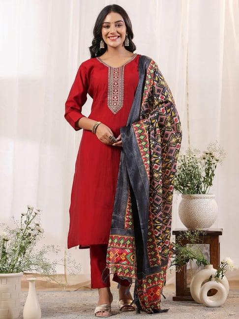 ishin maroon & black embroidered kurta pant set with dupatta