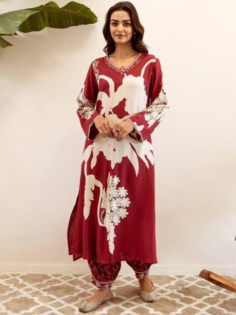 ishin maroon & white printed kurta & pants set