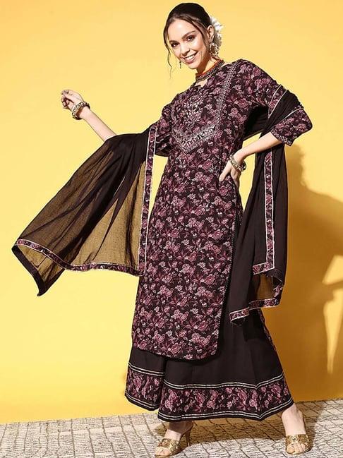 ishin maroon cotton printed kurta & palazzo set with dupatta