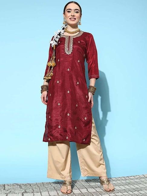 ishin maroon embellished straight kurta