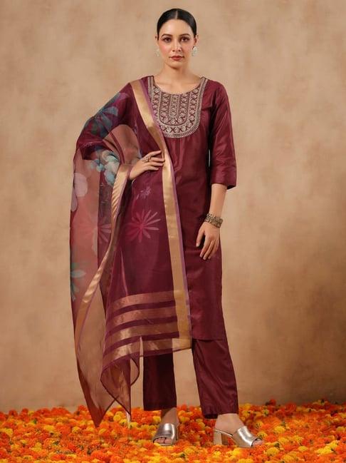 ishin maroon embroidered kurta pant set with dupatta