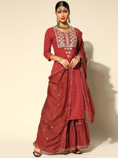 ishin maroon embroidered kurta sharara set with dupatta