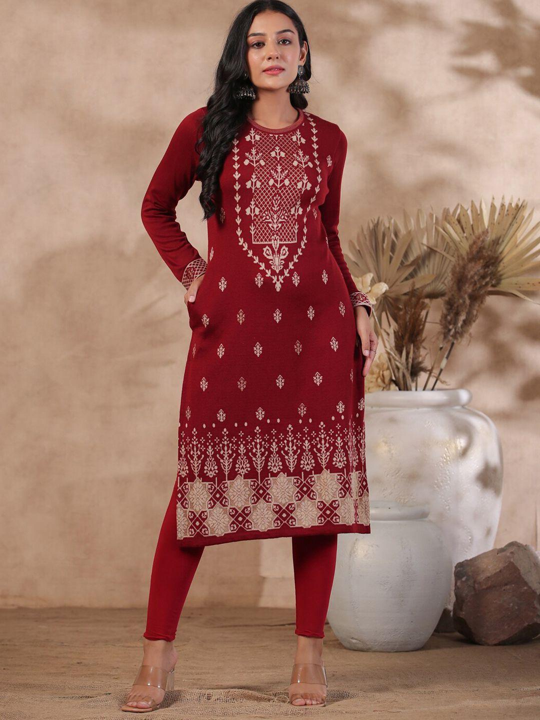 ishin maroon ethnic motifs printed jacquard kurta