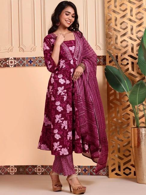 ishin maroon floral print kurta & pants set with dupatta