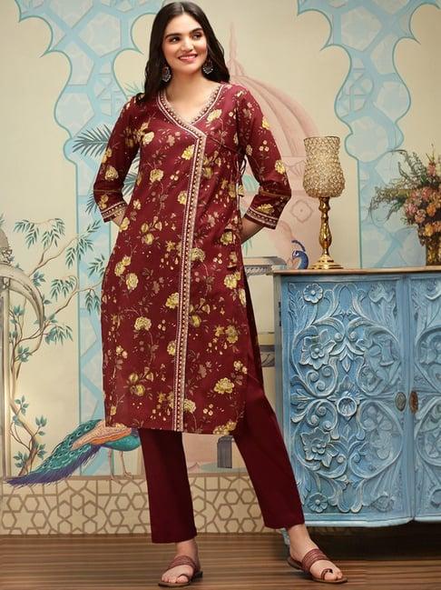 ishin maroon floral print kurta & pants set