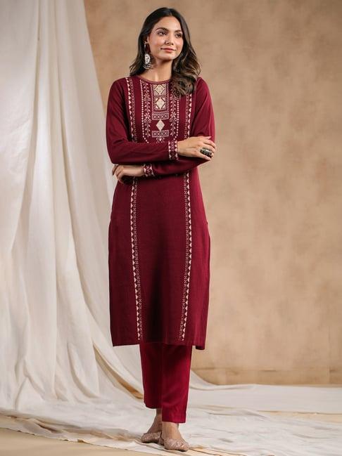 ishin maroon printed straight kurta