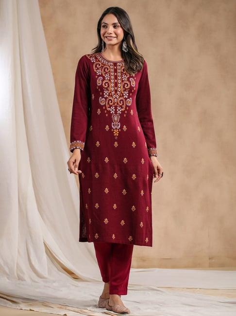 ishin maroon printed straight kurta