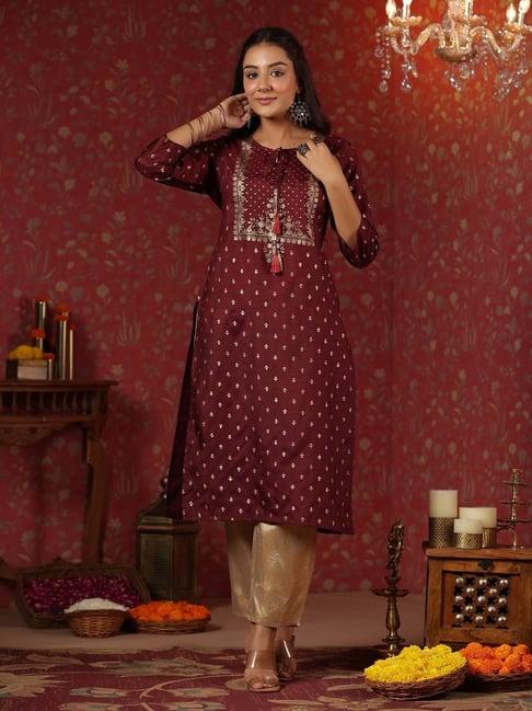 ishin maroon printed straight kurta