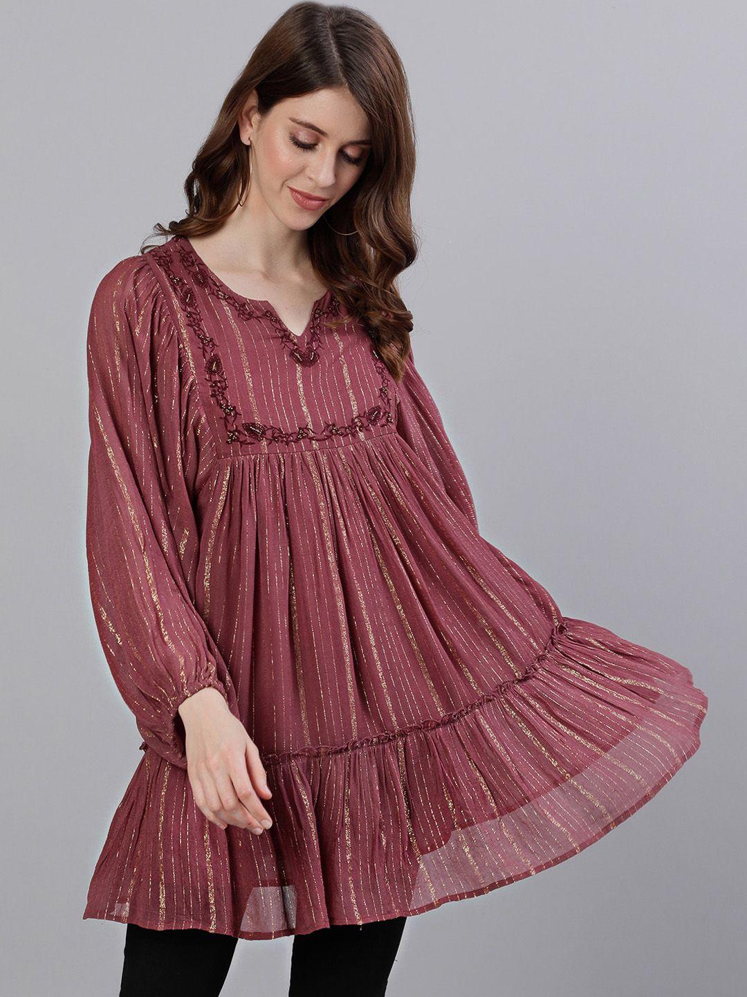 ishin maroon striped puff sleeves georgette a-line top