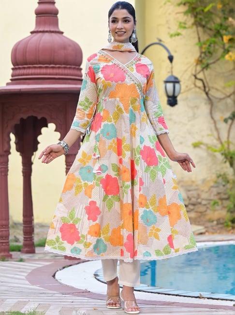 ishin multicolor floral print kurta & pants set with dupatta