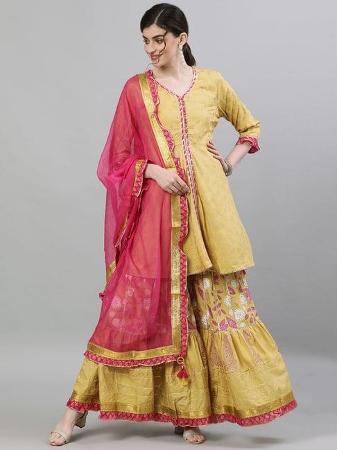 ishin mustard embroidered kurta sharara set