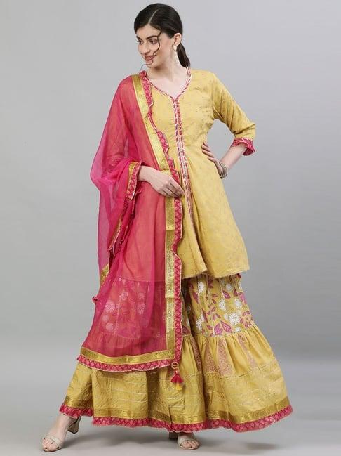 ishin mustard printed kurti sharara set with dupatta