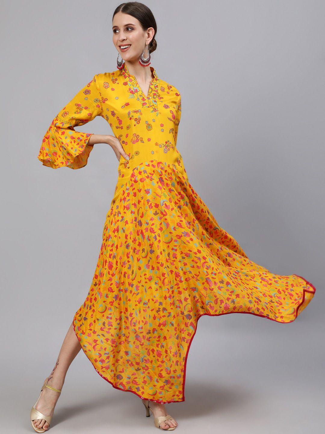 ishin mustard yellow floral printedmaxi dress