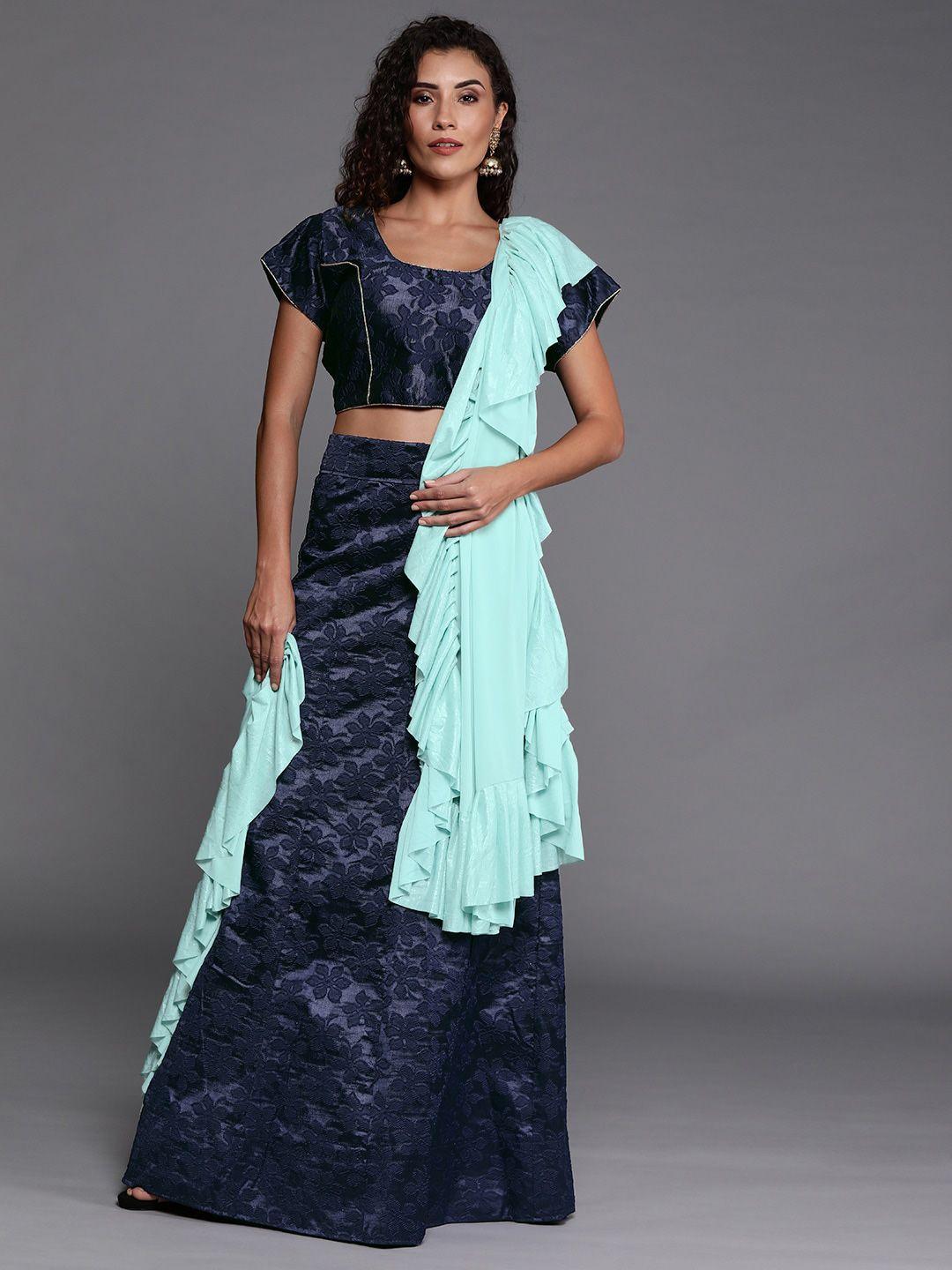 ishin navy blue & turquoise semi-stitched lehenga & unstitched blouse with dupatta