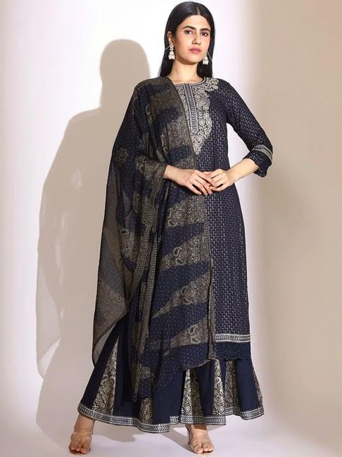 ishin navy embroidered kurta & palazzo set with dupatta