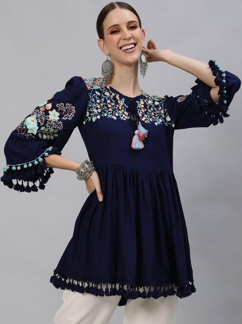 ishin navy embroidered tunic