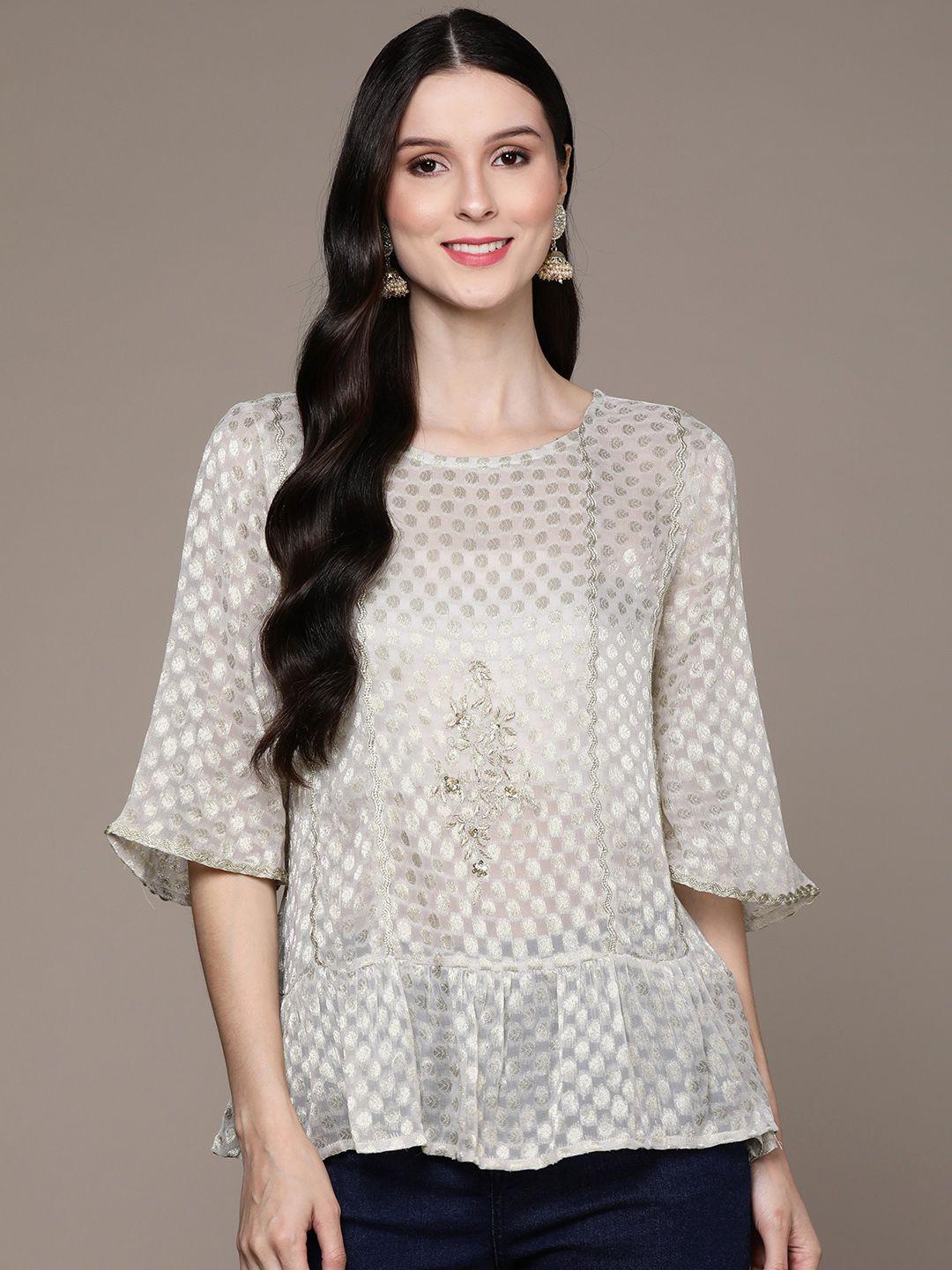 ishin off white & gold-toned embroidered georgette top