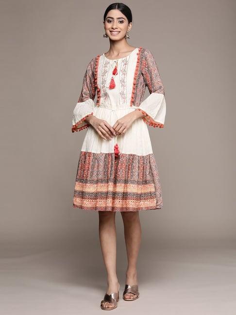 ishin off-white & rust cotton embroidered a-line dress