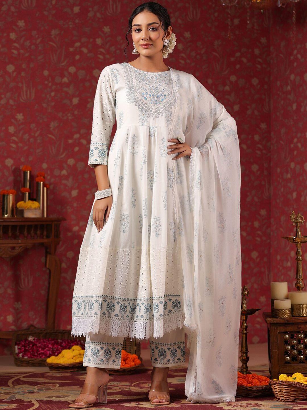 ishin off-white ethnic motifs embroidered pure cotton kurta with trousers & dupatta