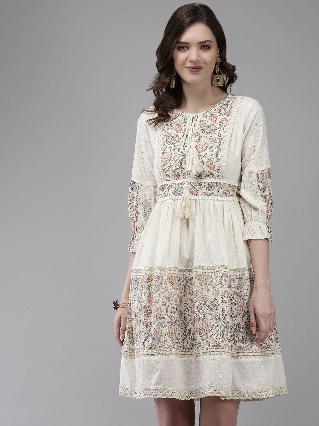 ishin off white floral embroidered tie-up neck a-line dress