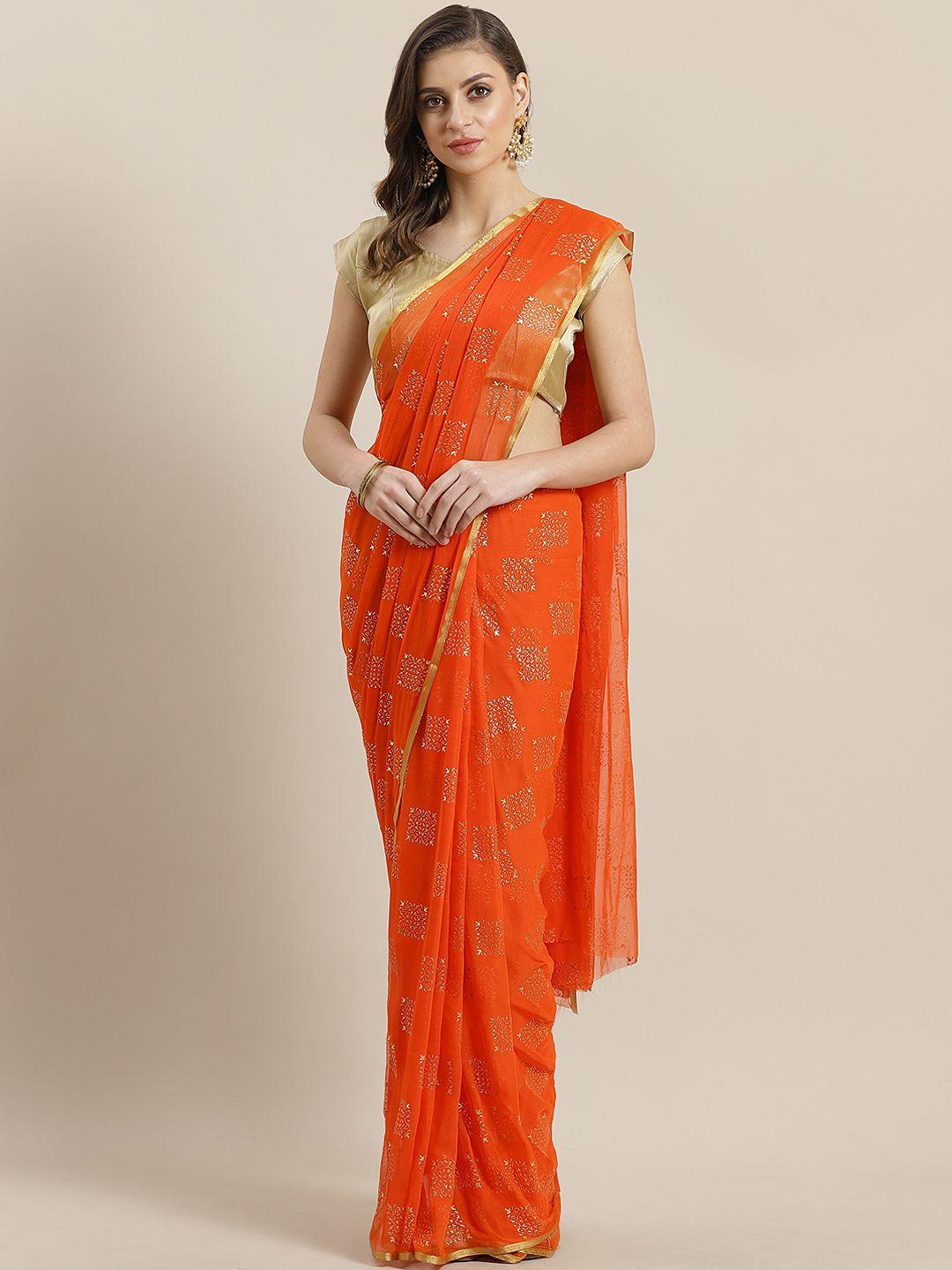 ishin orange & golden rubber printed saree