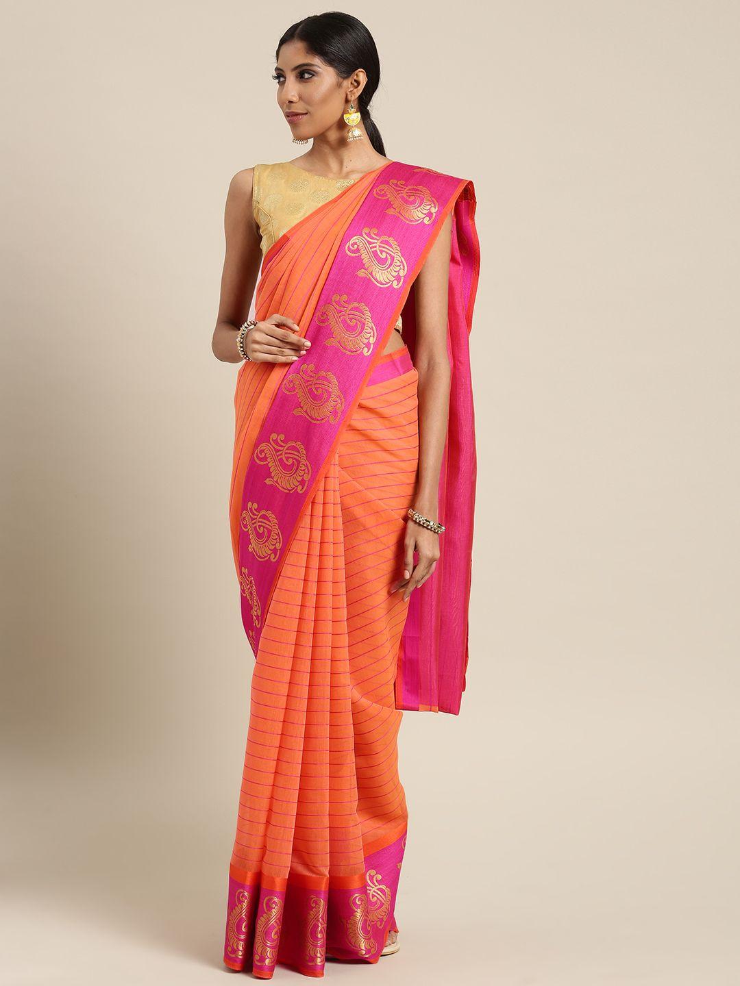 ishin orange & pink polycotton woven design chanderi saree