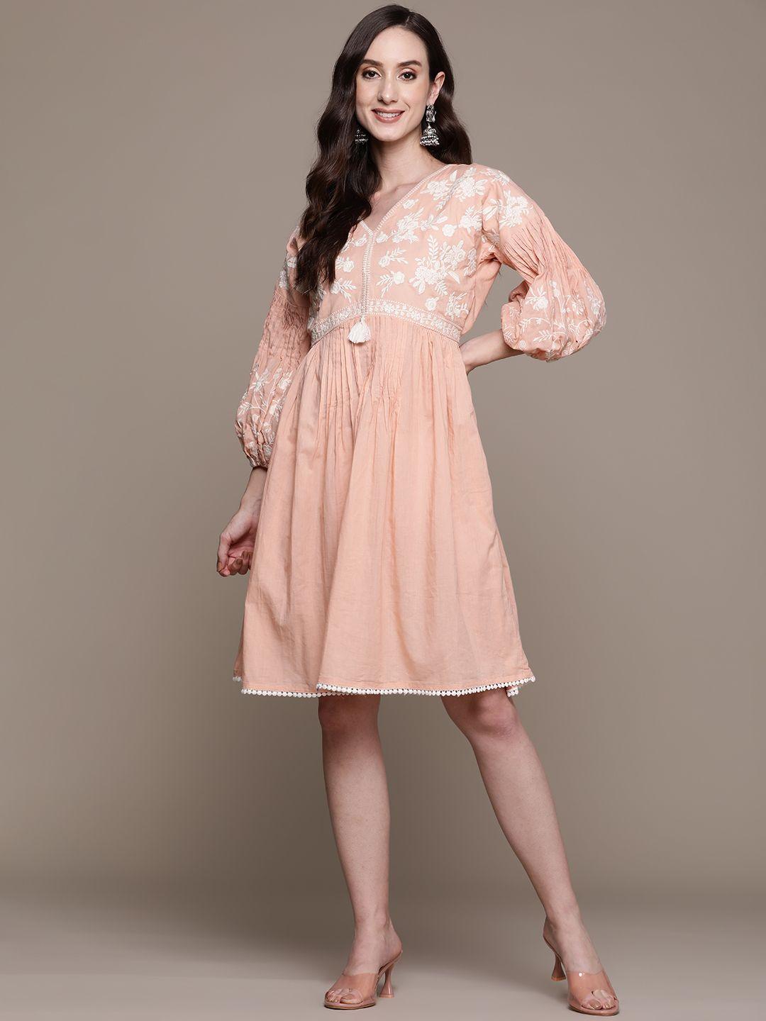 ishin peach-coloured & white floral embroidered cotton a-line dress