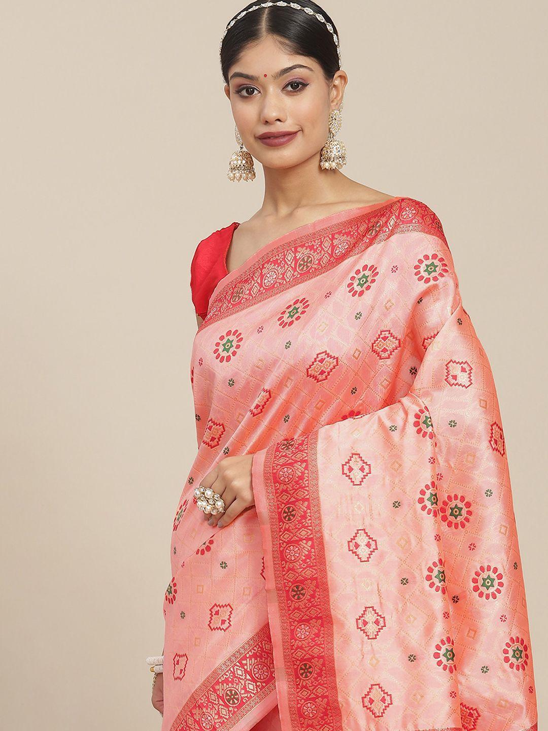 ishin peach-coloured ethnic motifs zari silk blend banarasi saree