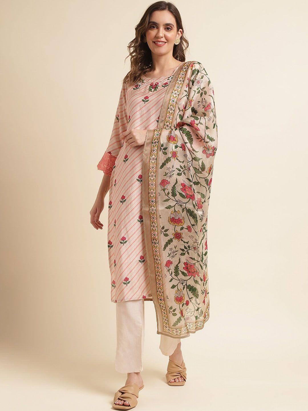 ishin peach-coloured floral printed pure cotton straight kurta & trousers with dupatta