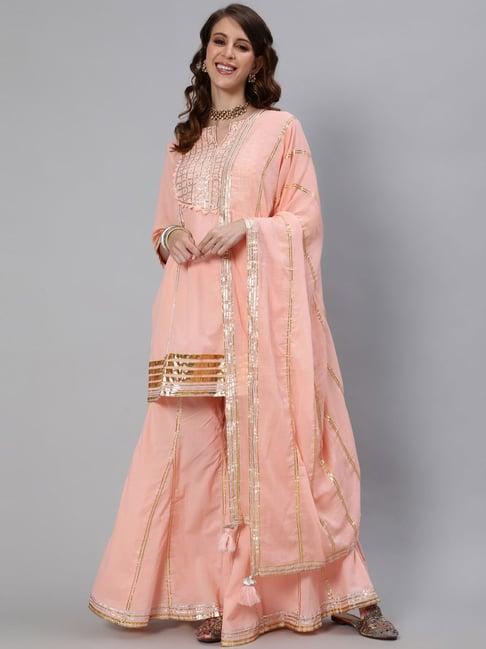 ishin peach cotton embellished kurti sharara set with dupatta