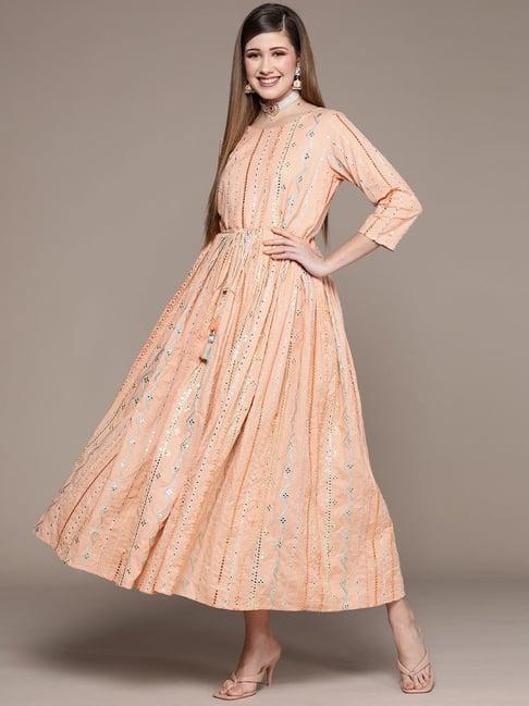 ishin peach cotton embroidered maxi dress