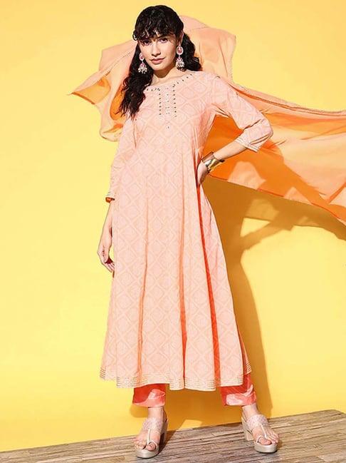 ishin peach cotton printed a line kurta with dupatta