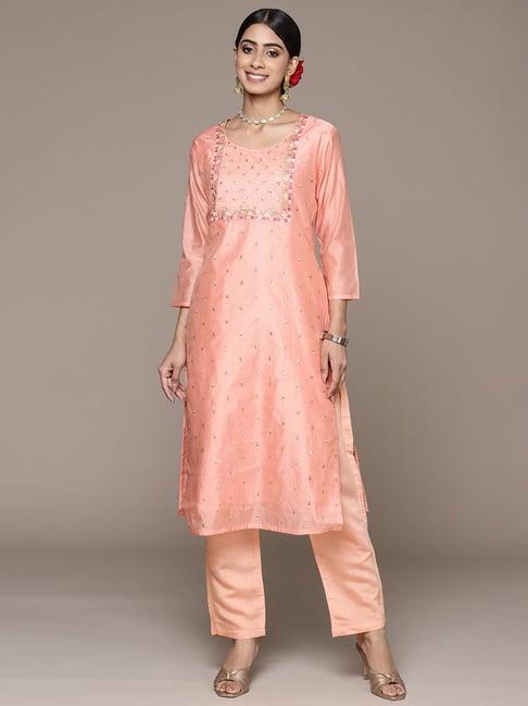 ishin peach embellished kurta pant set