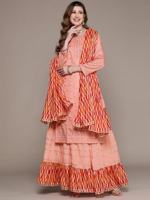 ishin peach embellished kurta skirt set with dupatta