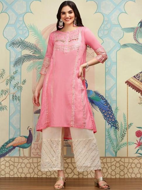 ishin peach embroidered kurta & palazzo set