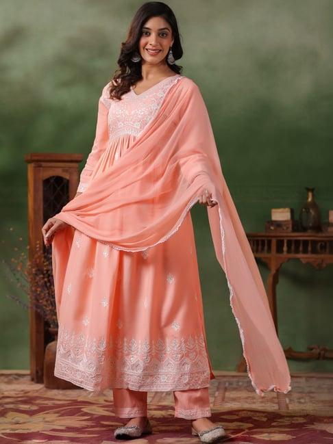 ishin peach embroidered kurta & pants set with dupatta