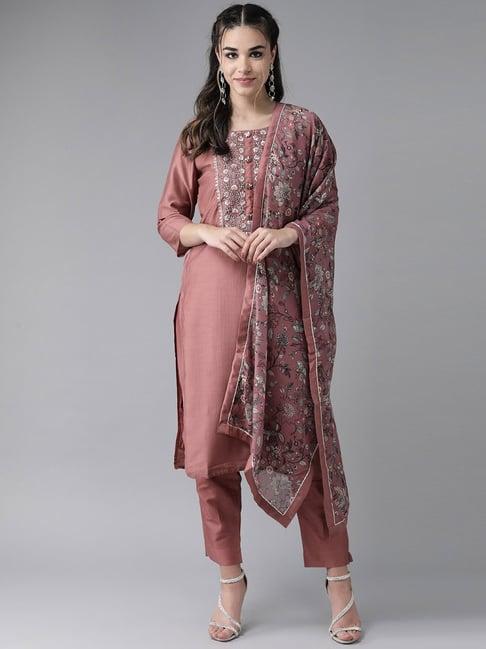 ishin peach embroidered kurta pant set with dupatta