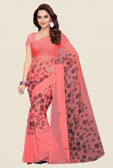 ishin peach floral print faux georgette saree