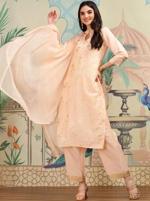 ishin peach printed kurta & palazzo set with dupatta