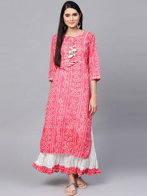 ishin pink & white cotton printed kurta skirt set