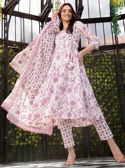 ishin pink & white floral print kurta & pants set with dupatta