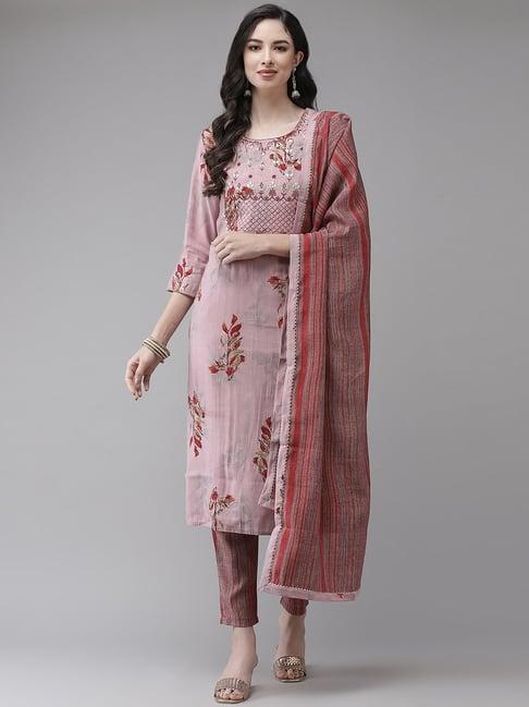 ishin pink embellished kurta pant set with dupatta