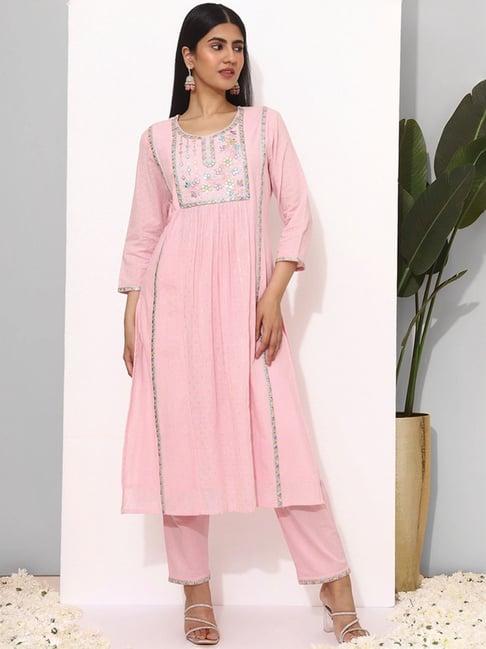 ishin pink embroidered kurta & pants set with dupatta