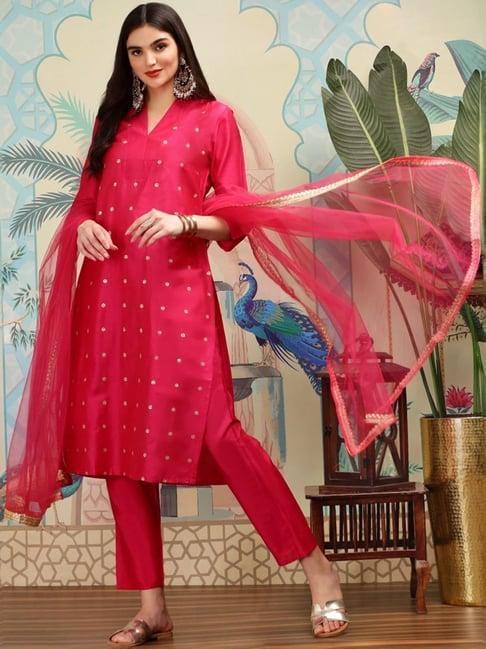 ishin pink embroidered kurta & pants set with dupatta