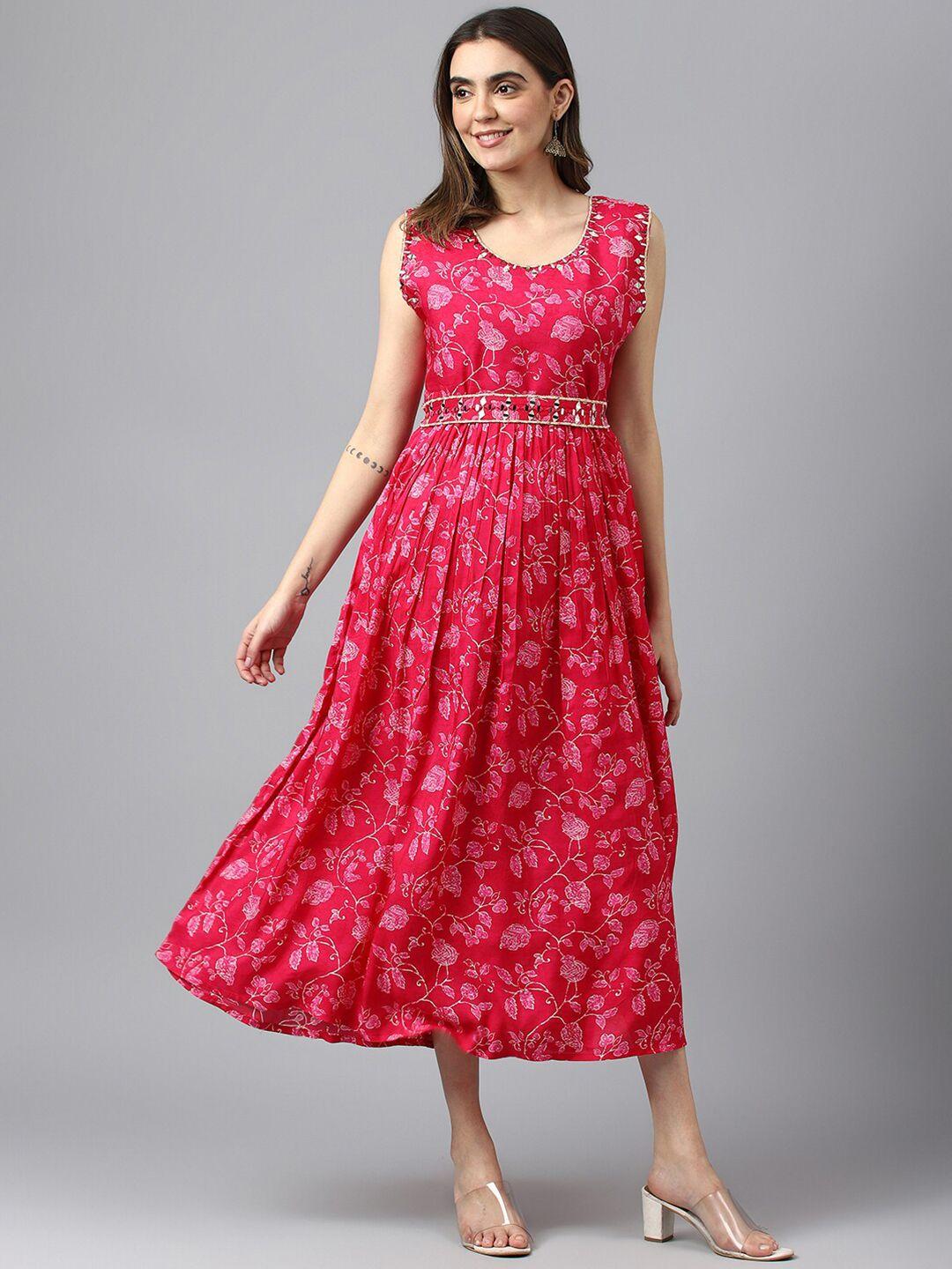 ishin pink ethnic motifs print a-line midi dress